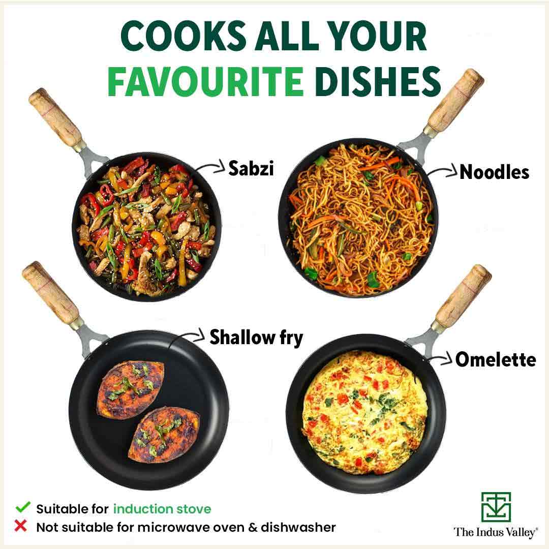 100% Pure Sheet Iron Fry Pan with Wooden Handle, Seasoned, Toxin-free, Induction, 16.5/25.4/30.4 cm