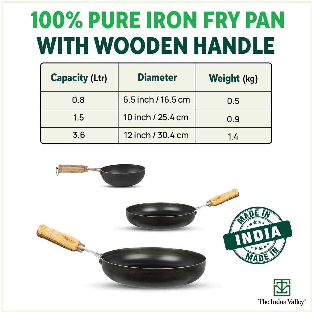 100% Pure Sheet Iron Fry Pan with Wooden Handle, Seasoned, Toxin-free, Induction, 16.5/25.4/30.4 cm
