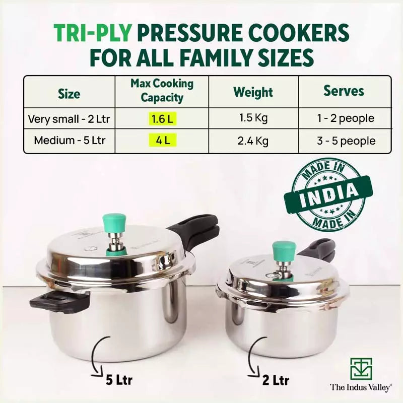 2L+5L RapidCuk Tri-ply Stainless Steel Pressure Cooker Combo+ Free ₹600 Wood Chopping Board, Premium Quality, 3 Layer Thick Body, 5Yr Warranty, ISI Certified, Induction & Gas