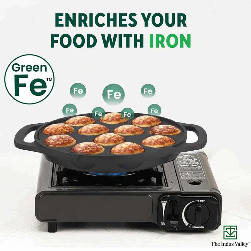 12 Pit/Cup CASTrong Cast Iron Kuzhi Paniyaram/Paddu Pan/Appe Maker, Pre-seasoned, 100% Pure, Toxin-free, Free Spatula, 21 cm, 2.2 kg