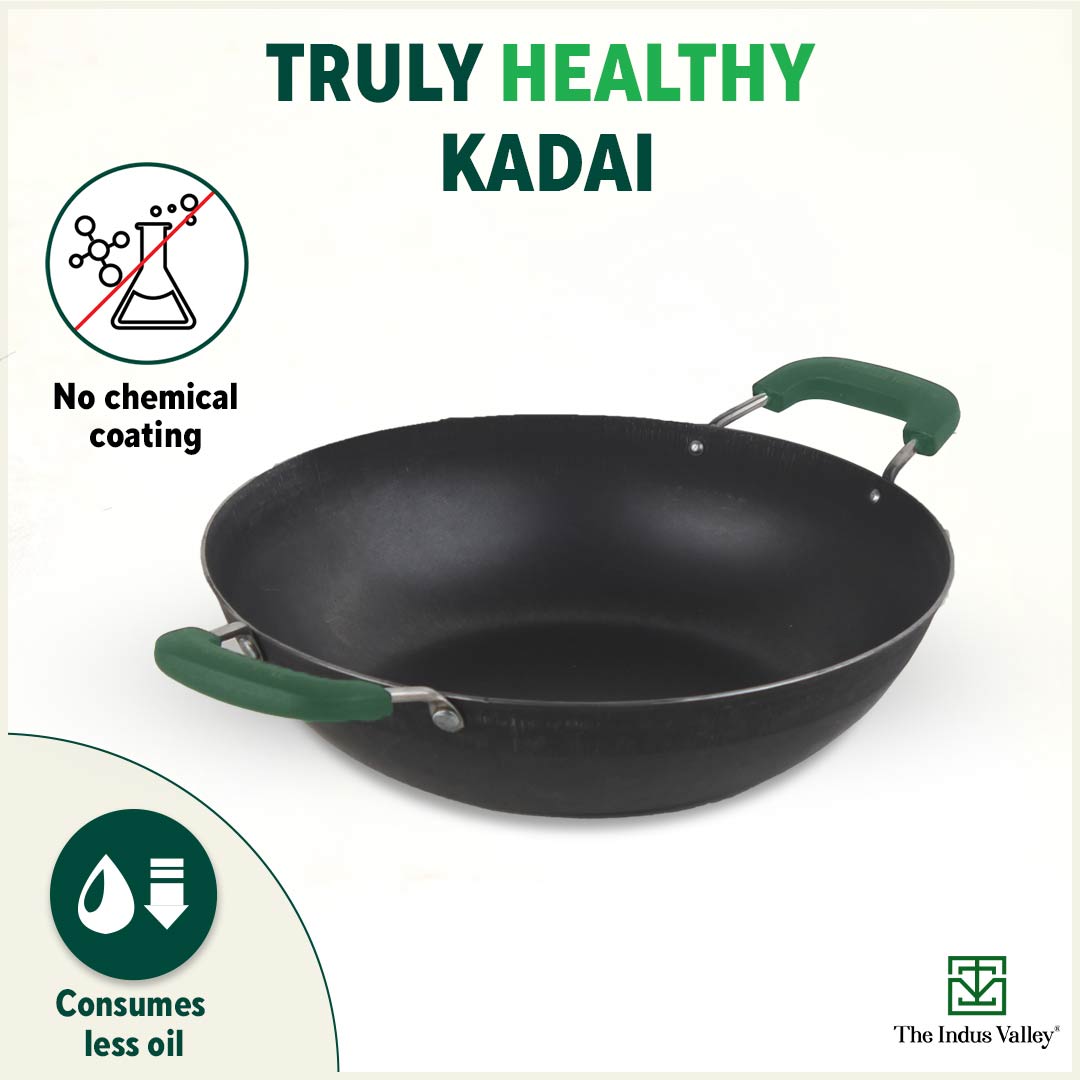 100% Pure Sheet Iron Kadai with Silicon Handle, Seasoned, Toxin-free