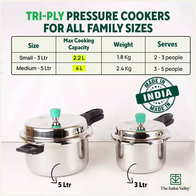 3L+5L RapidCuk Tri-ply Stainless Steel Pressure Cooker Combo, Premium Quality, 3 Layer Thick Body, Heavy Bottom, 5Yr Warranty, ISI Certified, Induction & Gas, Free ₹600 Wood Chopping Board