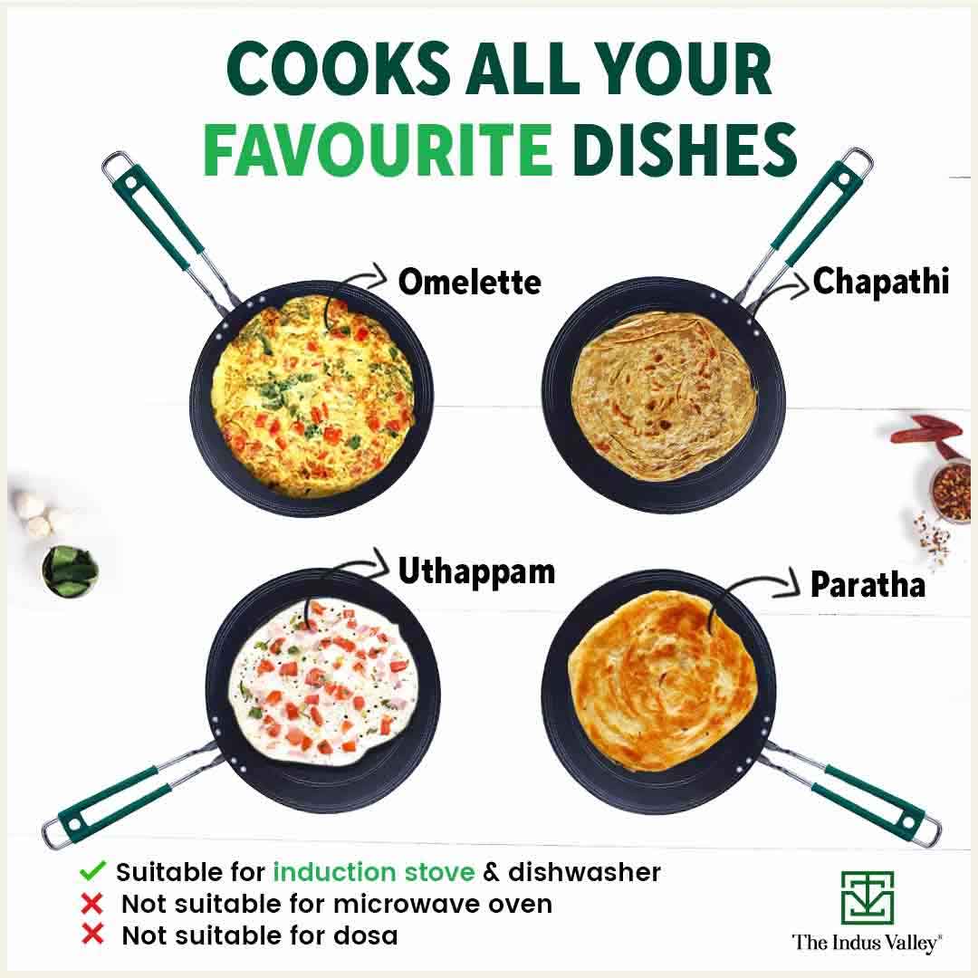 100% Pure Sheet Iron Tawa, Concave, Toxin-free, Seasoned, Silicone Handle,25.5cm/30.5cm