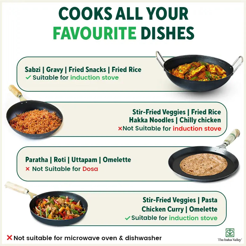 100% Pure Iron Cookware Set: Tawa+ Fry Pan+ Wok, Toxin-free Sheet Iron, Pre-seasoned, Induction & Gas, Kitchen Set for Home, Free ₹799 Kadai