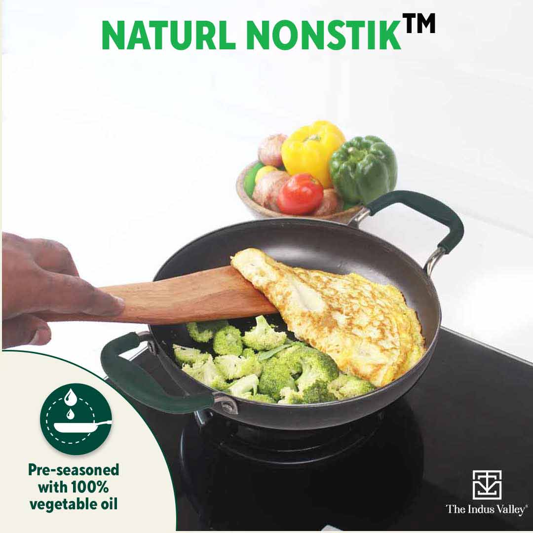 100% Pure Sheet Iron Kadai/ Jalebi/ Paella Pan, Silicone Cool Handles, Seasoned, Toxin-free, Induction, 25.4cm, 1.4L