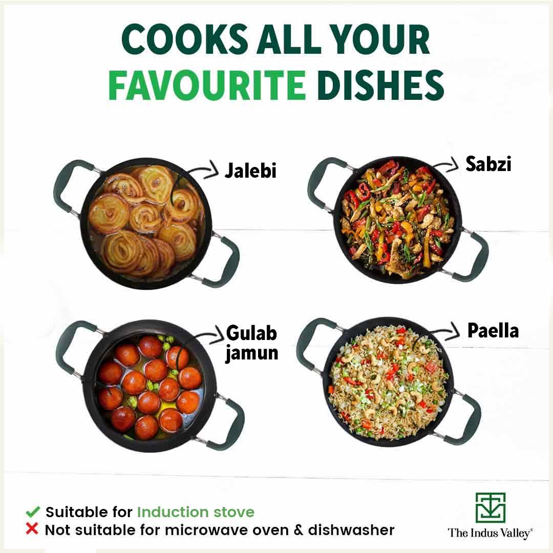 100% Pure Sheet Iron Kadai/ Jalebi/ Paella Pan, Silicone Cool Handles, Seasoned, Toxin-free, Induction, 25.4cm, 1.4L