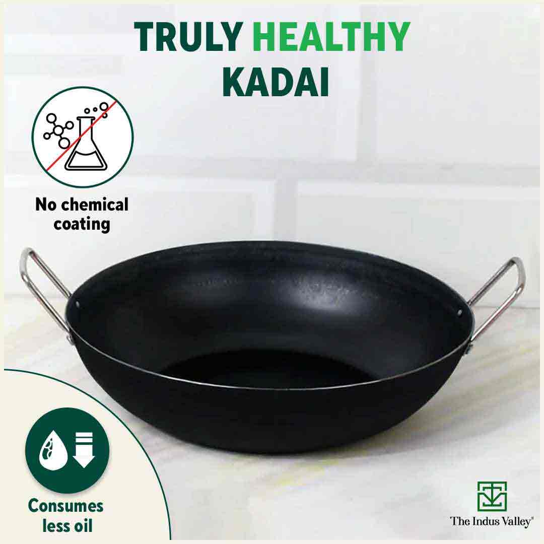 100% Pure Sheet Iron Kadai, Seasoned, Toxin-free, 1.4/2.7/4.4L, 0.6/0.9/1.4kg