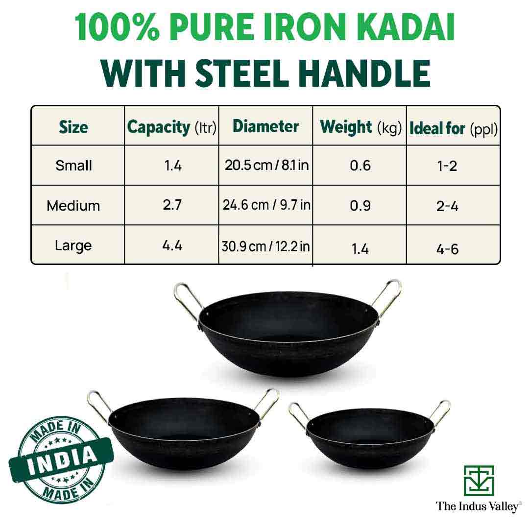 100% Pure Sheet Iron Kadai, Seasoned, Toxin-free, 1.4/2.7/4.4L, 0.6/0.9/1.4kg