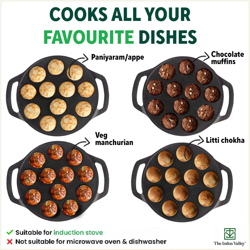 12 Pit/Cup CASTrong Cast Iron Paniyaram/Appe Pan, Pre-seasoned, Toxin-free, Free Cool Silicone Grip + Spatula, 21 cm, 2.2 kg