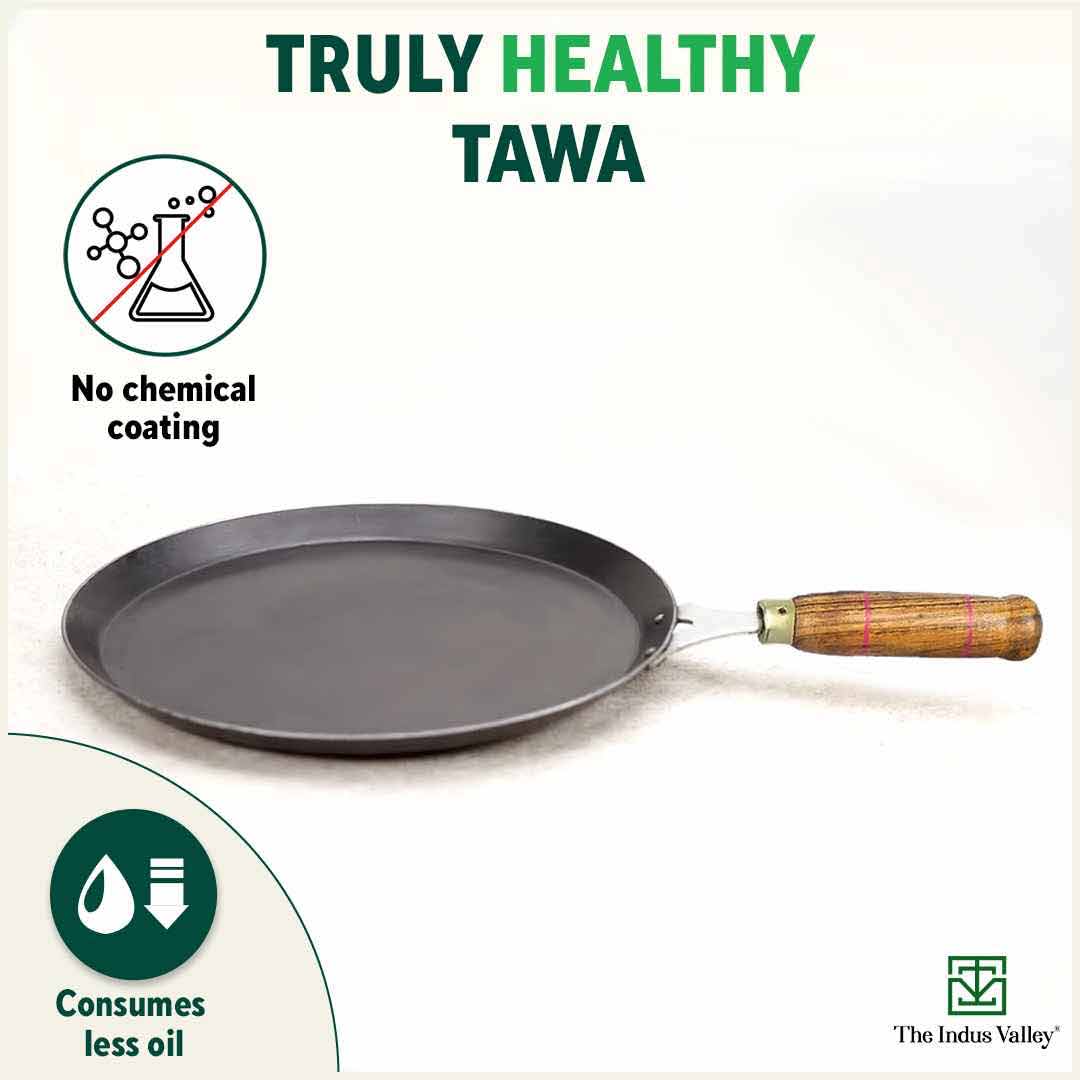 100% Pure Sheet Iron Tawa, Wooden Handle, Seasoned, Toxin-free, Induction, 26cm, 1kg