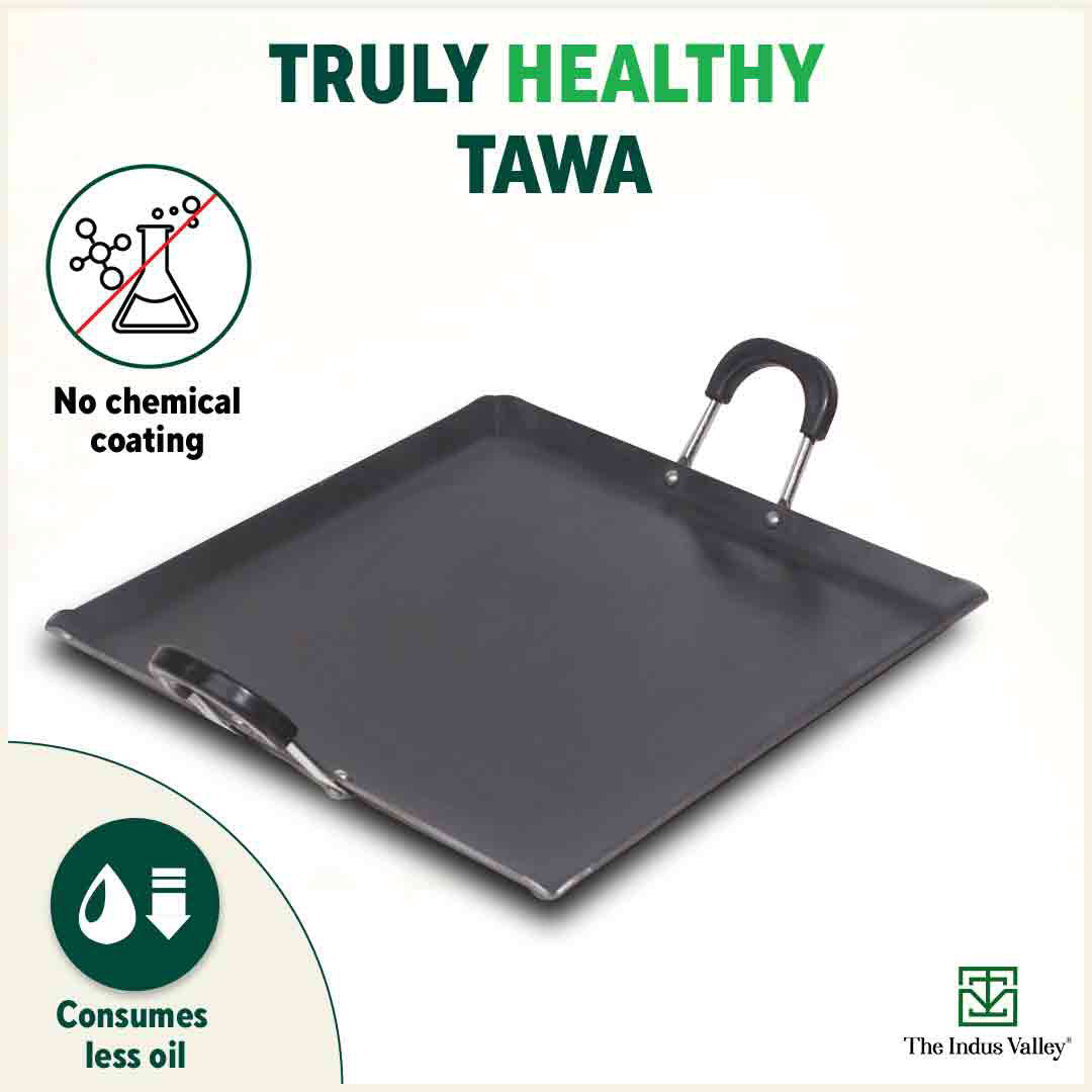 100% Pure Sheet Iron Tawa, Square, Cool Bakelite Handle, Seasoned, Toxin-free, Induction, 29.5cm, 1.88kg