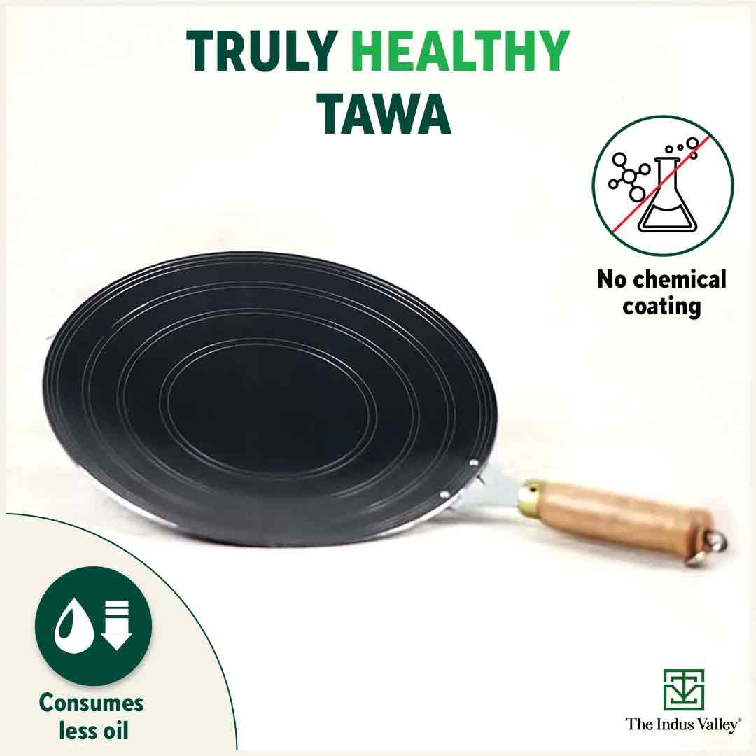 100% Pure Sheet Iron Tawa, Concave, Toxin-free, Seasoned, Wooden Handle, 25.5cm, 0.9kg