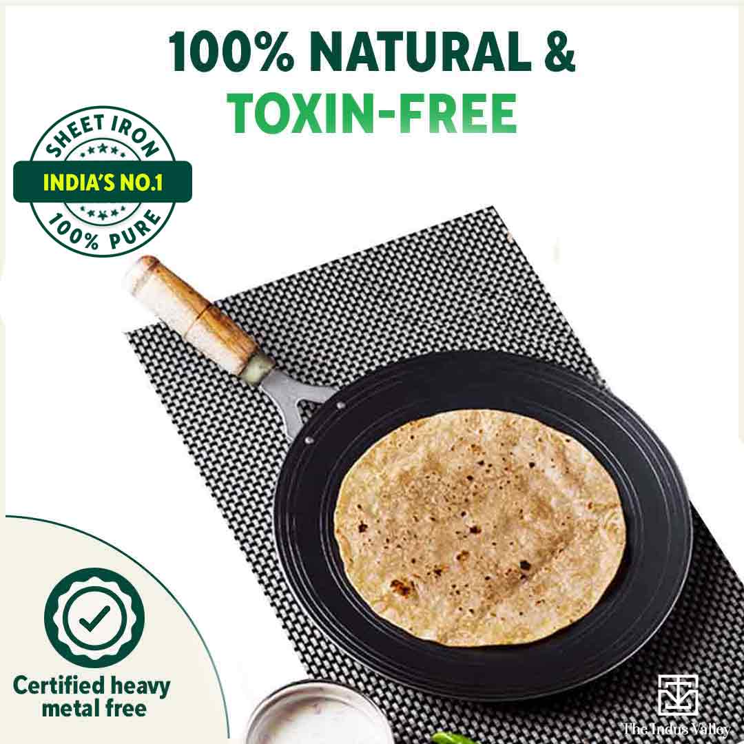 100% Pure Sheet Iron Tawa, Concave, Toxin-free, Seasoned, Wooden Handle, 25.5cm, 0.9kg