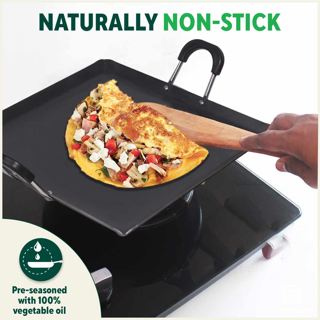 100% Pure Sheet Iron Tawa, Square, Cool Bakelite Handle, Seasoned, Toxin-free, Induction, 29.5cm, 1.88kg
