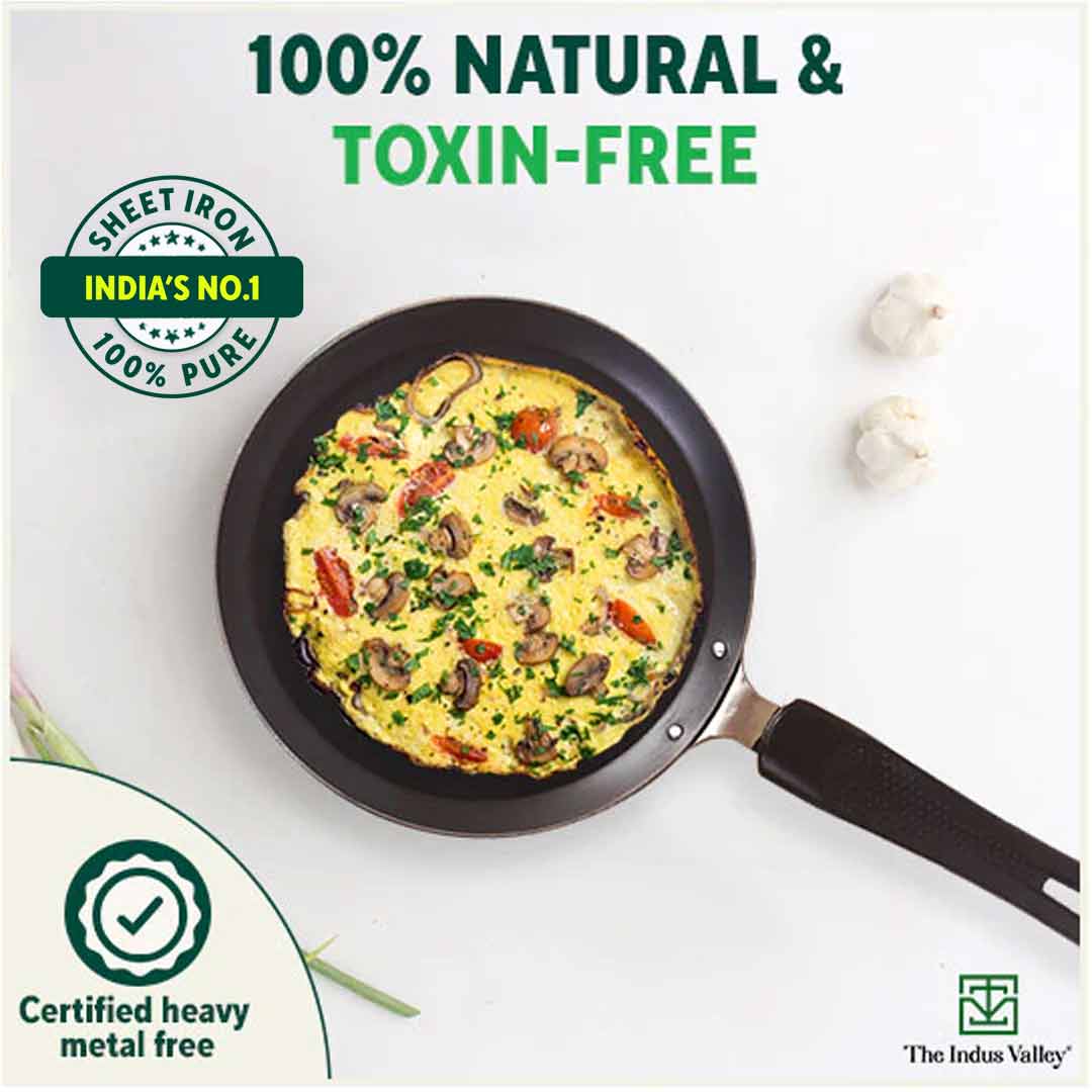 100% Pure Sheet Iron Omelette Tawa with Bakelite Handle, Seasoned, Toxin-free, Induction, 19cm, 0.56kg