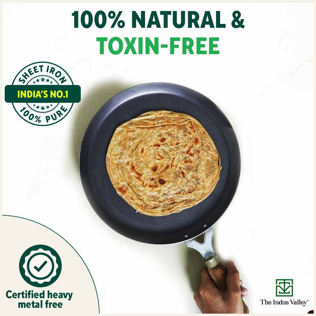 100% Pure Sheet Iron Tawa, Wooden Handle, Seasoned, Toxin-free, Induction, 26cm, 1kg