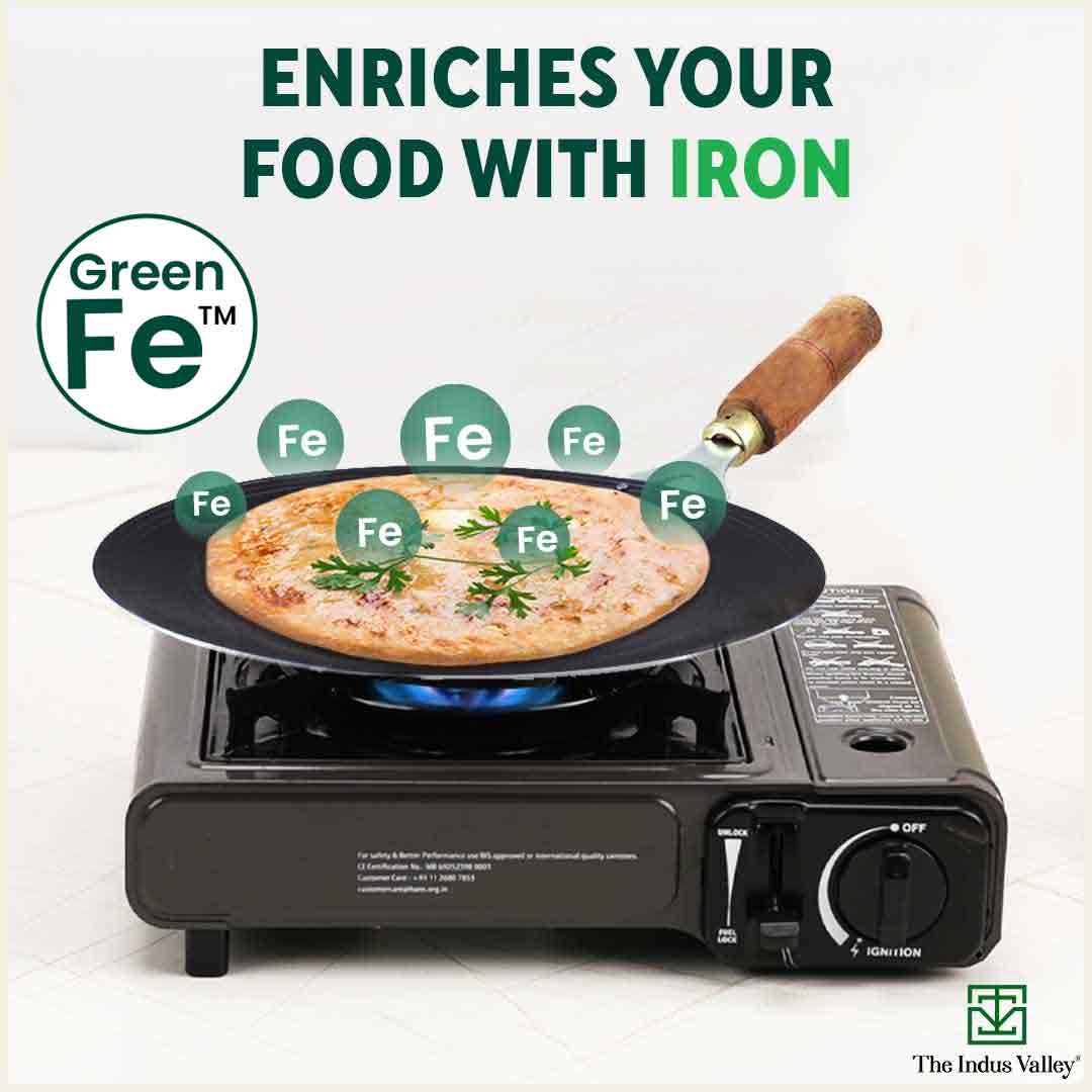 100% Pure Sheet Iron Tawa, Concave, Toxin-free, Seasoned, Wooden Handle, 25.5cm, 0.9kg