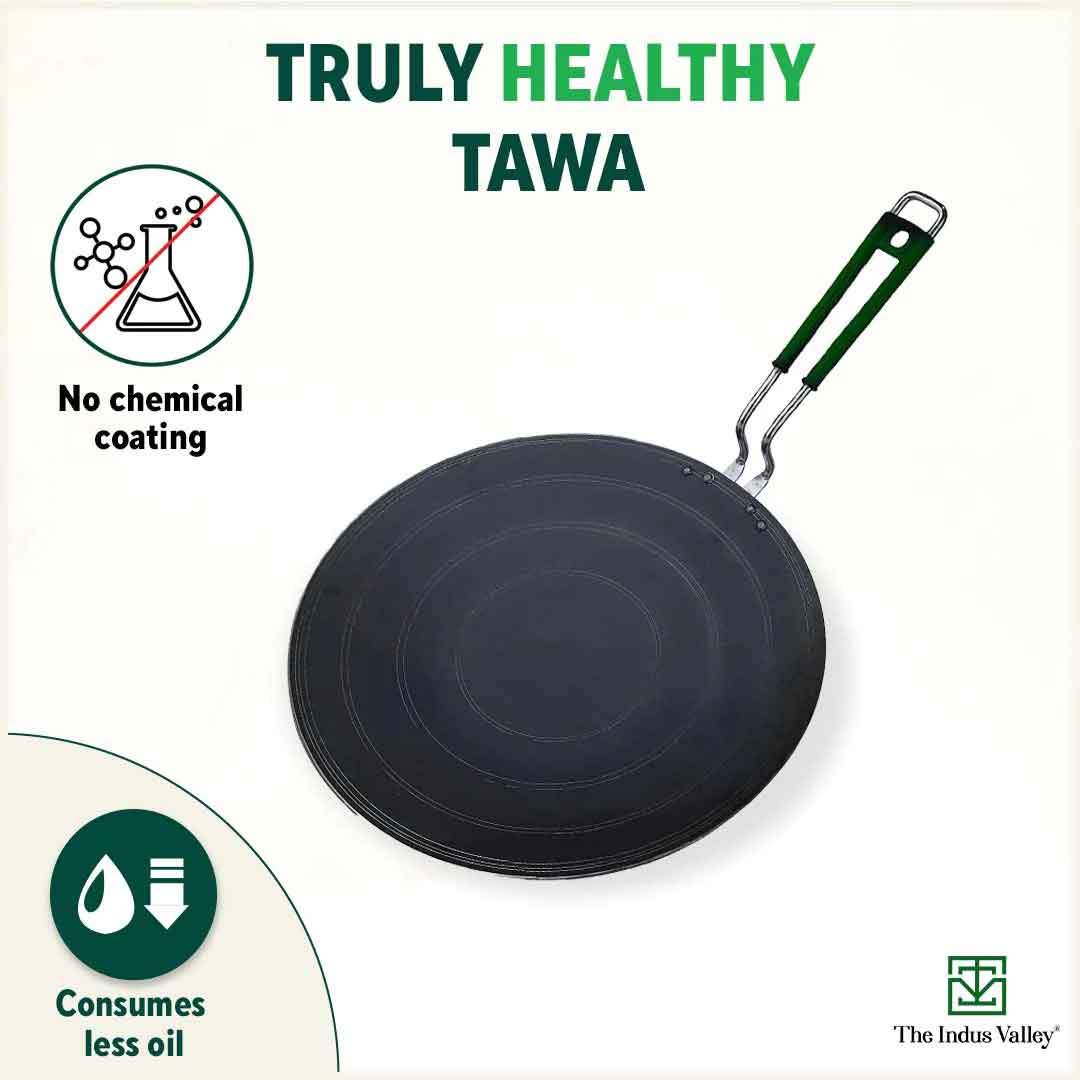 100% Pure Sheet Iron Tawa, Concave, Toxin-free, Seasoned, Silicone Handle,25.5cm/30.5cm