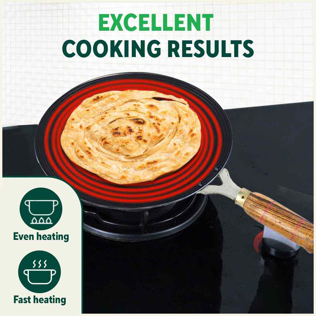 100% Pure Sheet Iron Tawa, Concave, Toxin-free, Seasoned, Wooden Handle, 25.5cm, 0.9kg