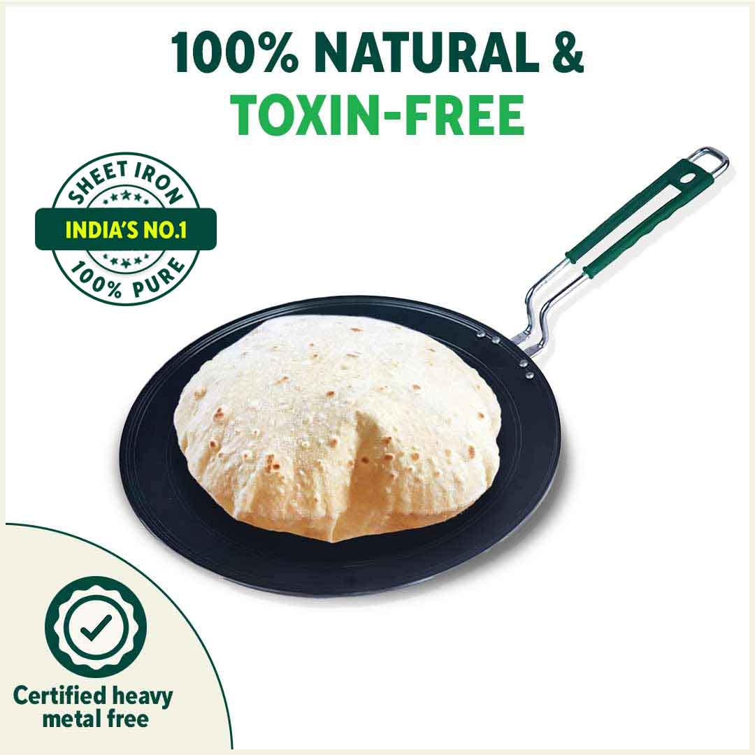 100% Pure Sheet Iron Tawa, Concave, Toxin-free, Seasoned, Silicone Handle,25.5cm/30.5cm