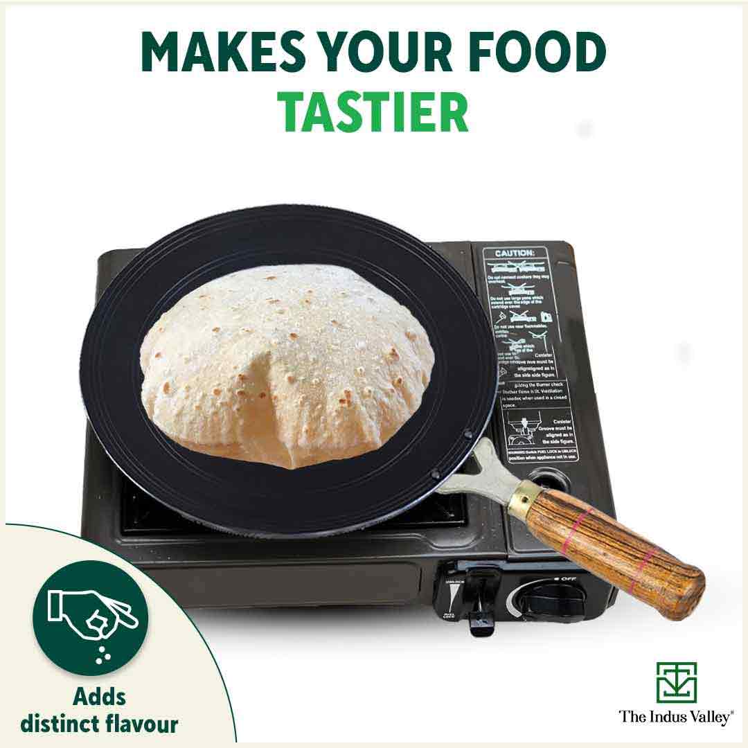 100% Pure Sheet Iron Tawa, Concave, Toxin-free, Seasoned, Wooden Handle, 25.5cm, 0.9kg