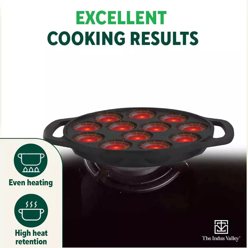 12 Pit/Cup CASTrong Cast Iron Paniyaram/Appe Pan, Pre-seasoned, Toxin-free, Free Cool Silicone Grip + Spatula, 21 cm, 2.2 kg