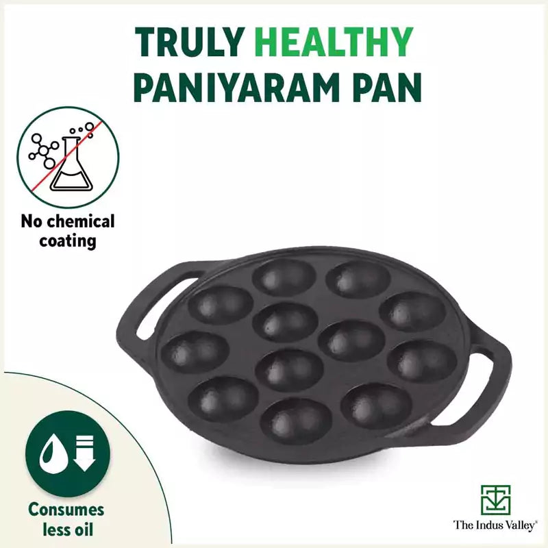 12 Pit/Cup CASTrong Cast Iron Paniyaram/Appe Pan, Pre-seasoned, Toxin-free, Free Cool Silicone Grip + Spatula, 21 cm, 2.2 kg