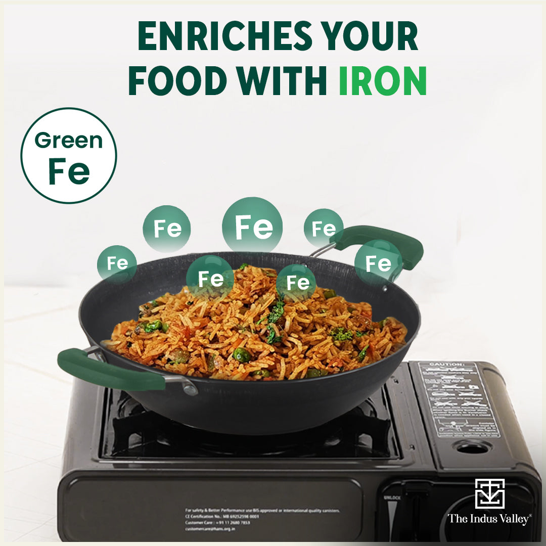 100% Pure Sheet Iron Kadai with Silicon Handle, Seasoned, Toxin-free