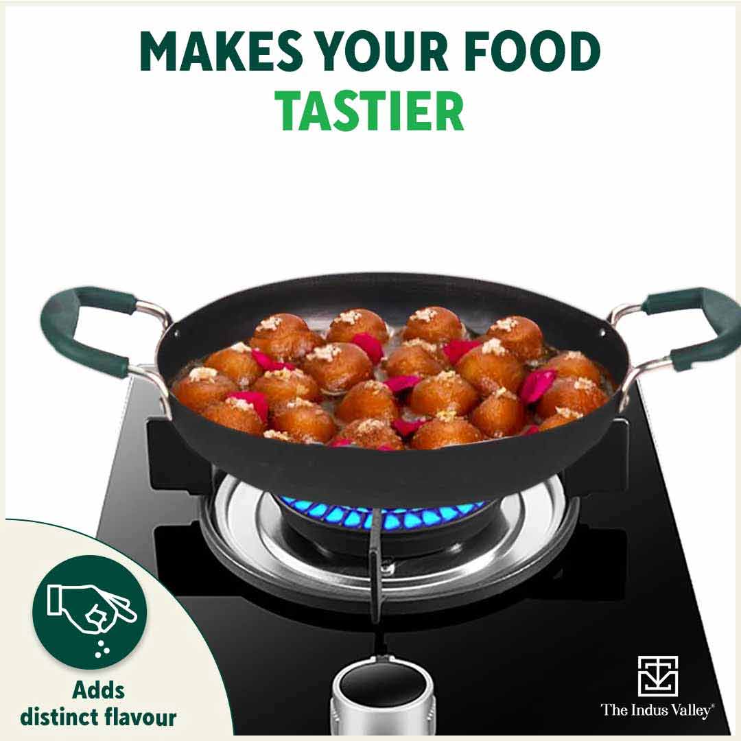 100% Pure Sheet Iron Kadai/ Jalebi/ Paella Pan, Silicone Cool Handles, Seasoned, Toxin-free, Induction, 25.4cm, 1.4L
