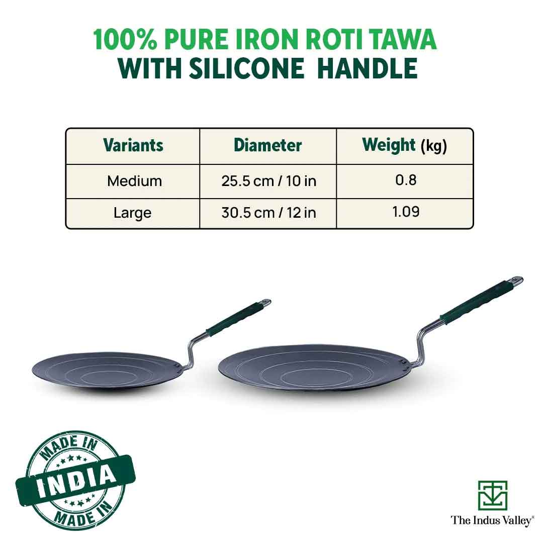 100% Pure Sheet Iron Tawa, Concave, Toxin-free, Seasoned, Silicone Handle,25.5cm/30.5cm