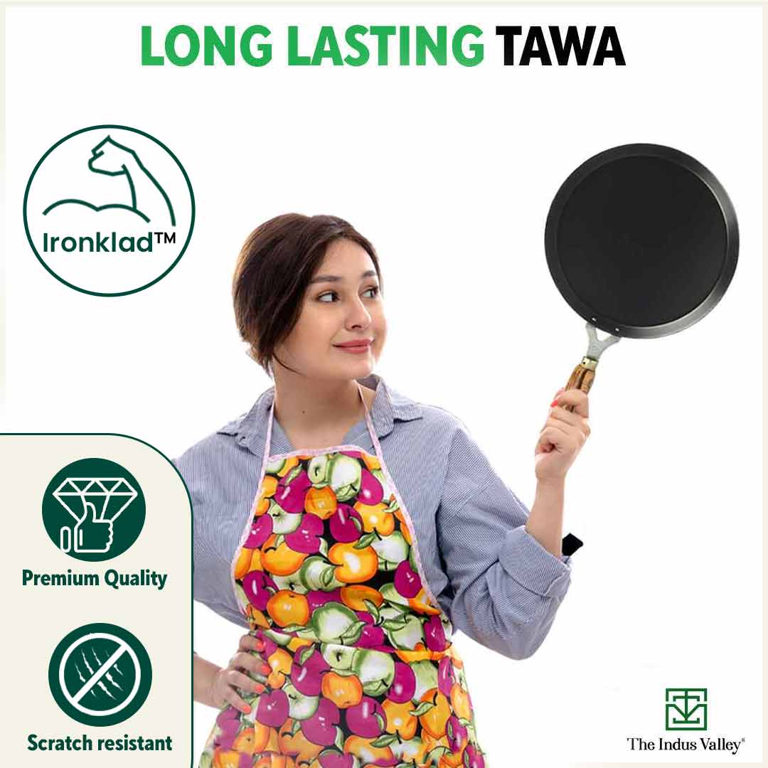 100% Pure Sheet Iron Tawa, Wooden Handle, Seasoned, Toxin-free, Induction, 26cm, 1kg