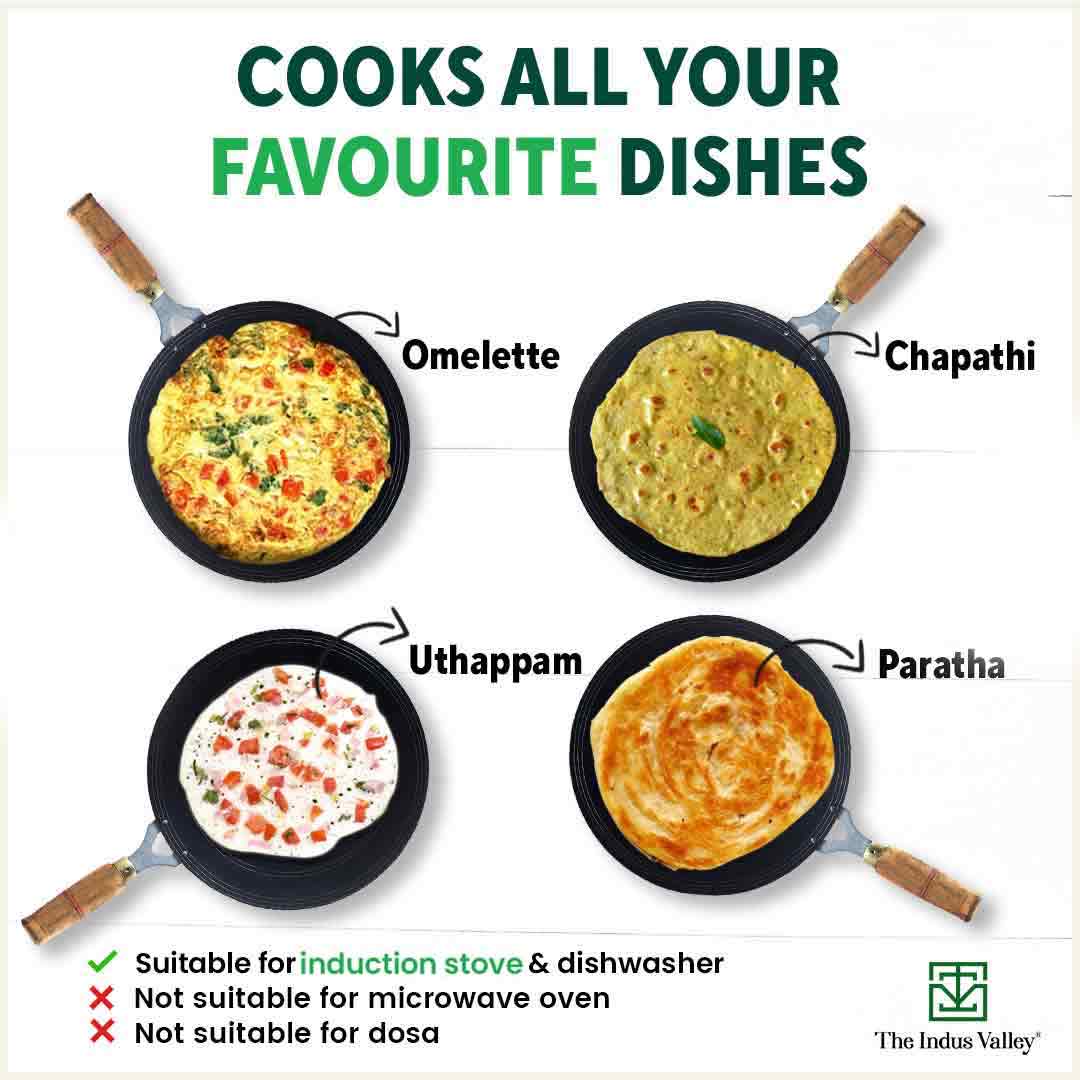 100% Pure Sheet Iron Tawa, Concave, Toxin-free, Seasoned, Wooden Handle, 25.5cm, 0.9kg