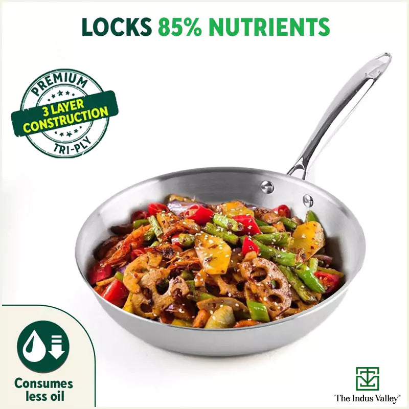 TurboCuk Tri-ply Stainless Steel Fry Pan+ Glass Lid, Premium Quality, 3 Layer Thick Body, 100% Toxin-free, Non-stick, Induction & Gas, 1.5/1.7/1.9L