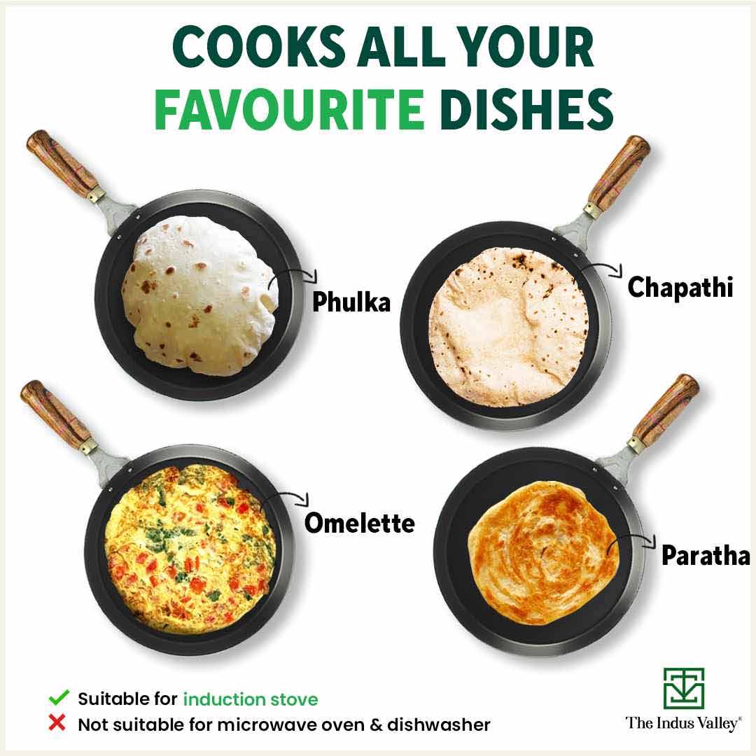 100% Pure Sheet Iron Tawa, Wooden Handle, Seasoned, Toxin-free, Induction, 26cm, 1kg