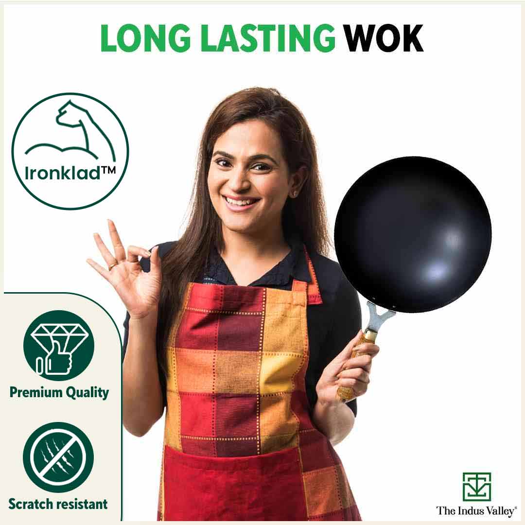100% Pure Iron Wok with Wooden Handle, Toxin-free Sheet Iron, Pre-seasoned, 2.2/4.2L, 1/1.5kg