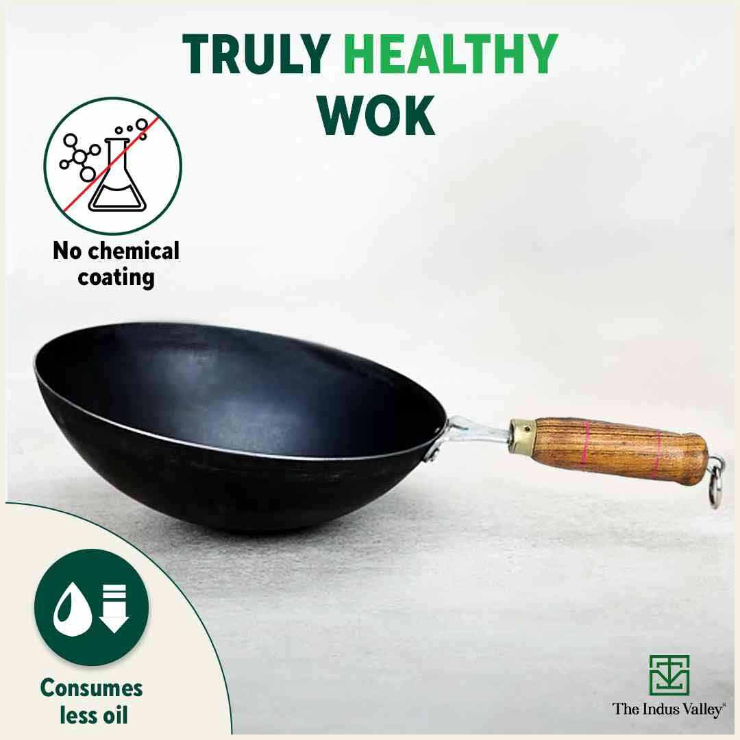 100% Pure Iron Wok with Wooden Handle, Toxin-free Sheet Iron, Pre-seasoned, 2.2/4.2L, 1/1.5kg